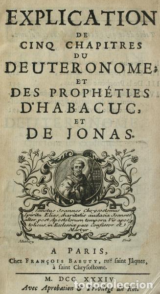 Antiquarische B&uuml;cher: EXPLICATION DE CINQ CHAPITRES DU DEUTERONOME&#59; ET DES PROPH&Eacute;TIES D'HABACUC, ET DE JONAS.