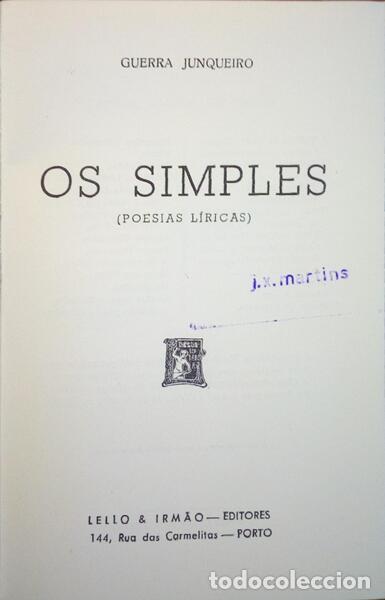Libros antiguos: GUERRA JUNQUEIRO. (Ab&iacute;lio Manuel) - OS SIMPLES. - Foto 1