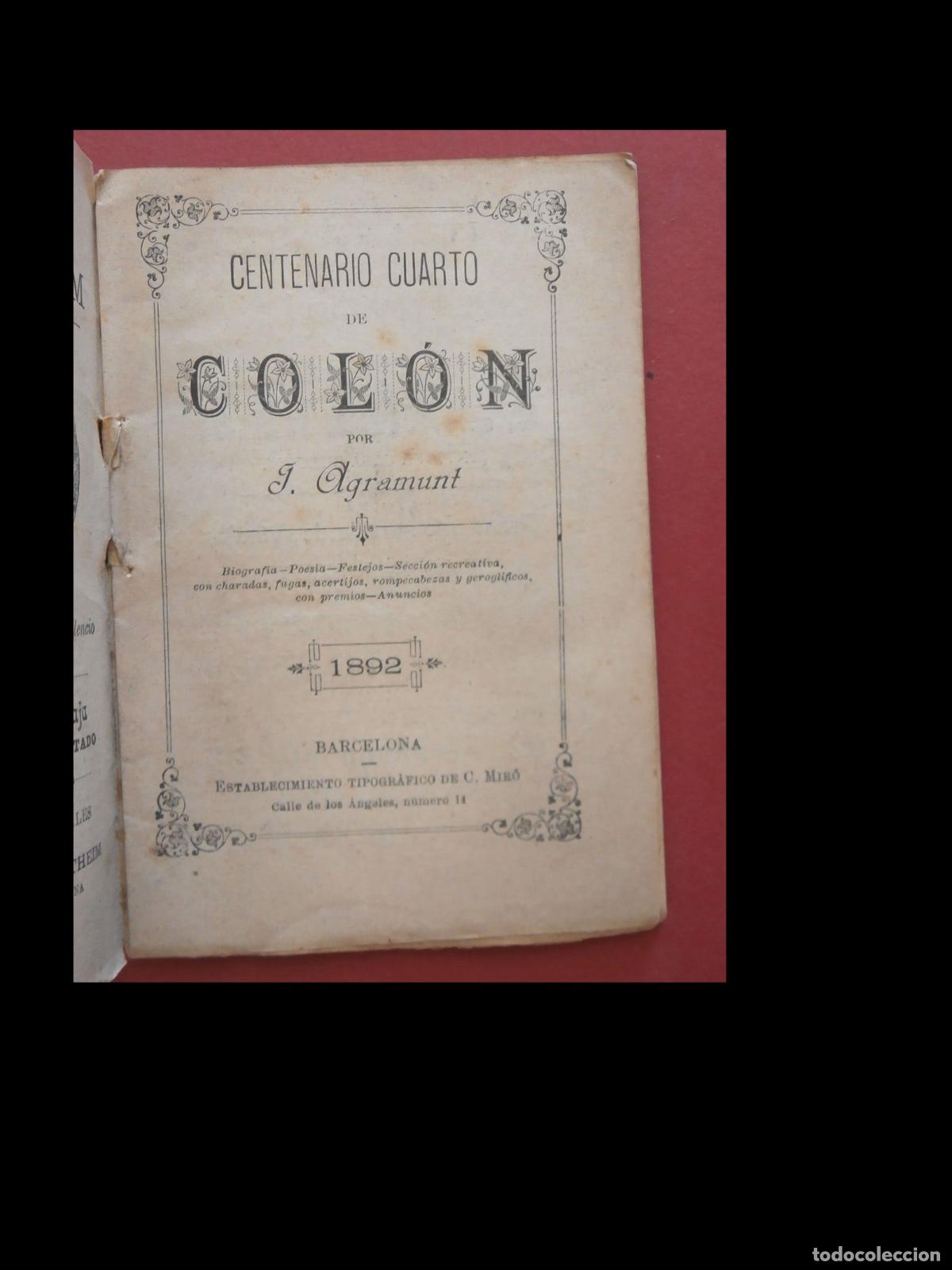 Libros antiguos: Centenario cuarto de Colon. J. Agramunt - Foto 4