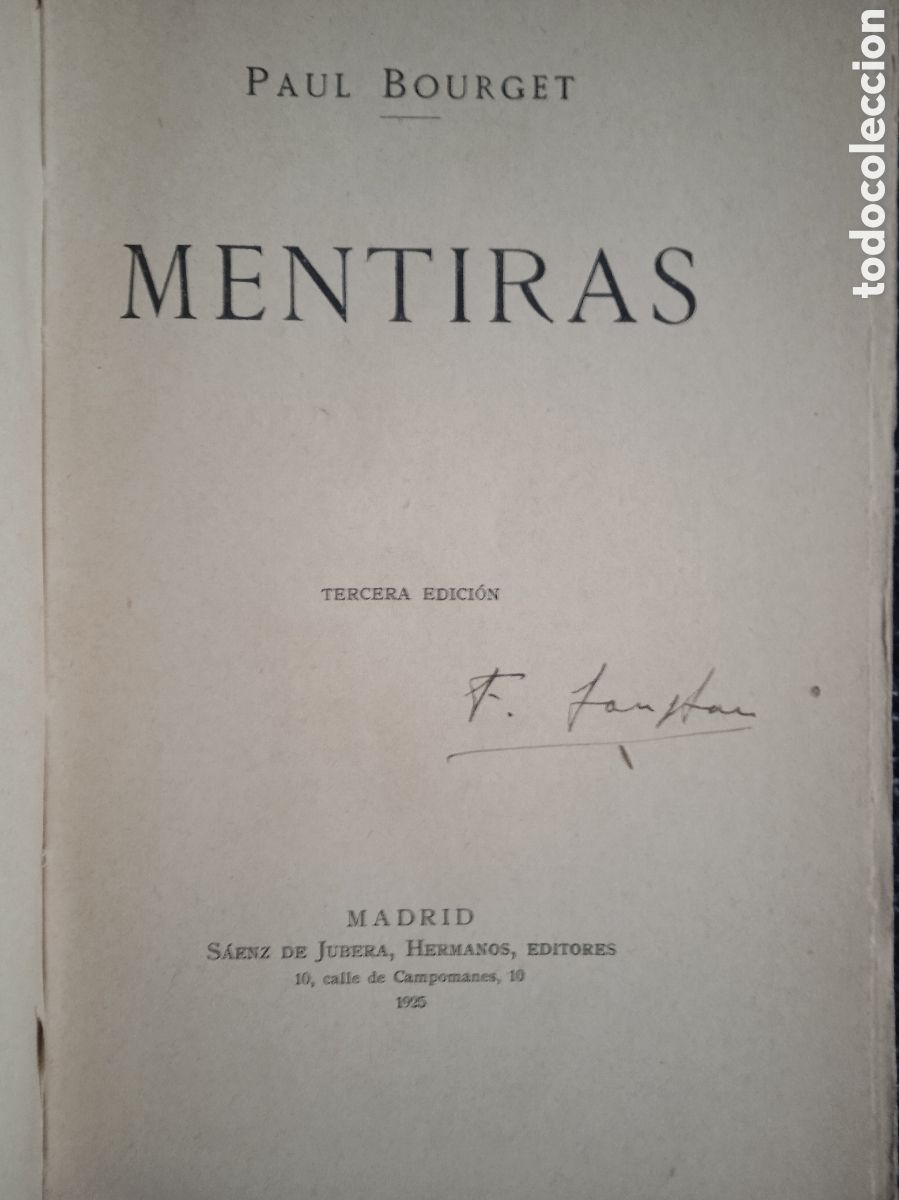 Libros antiguos: Mentiras. / Paul Bourget. -ED. S&aacute;enz de Jubera Hermanos 1925. - Foto 2