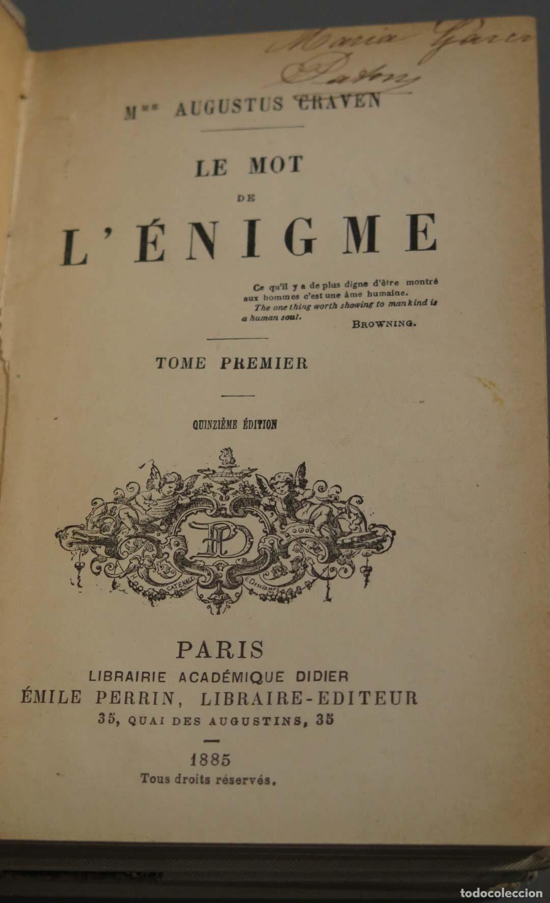 Libros antiguos: Le mot de l&acute;&eacute;nigme. CRAVEN. 1885. 2 TOMOS - Foto 2