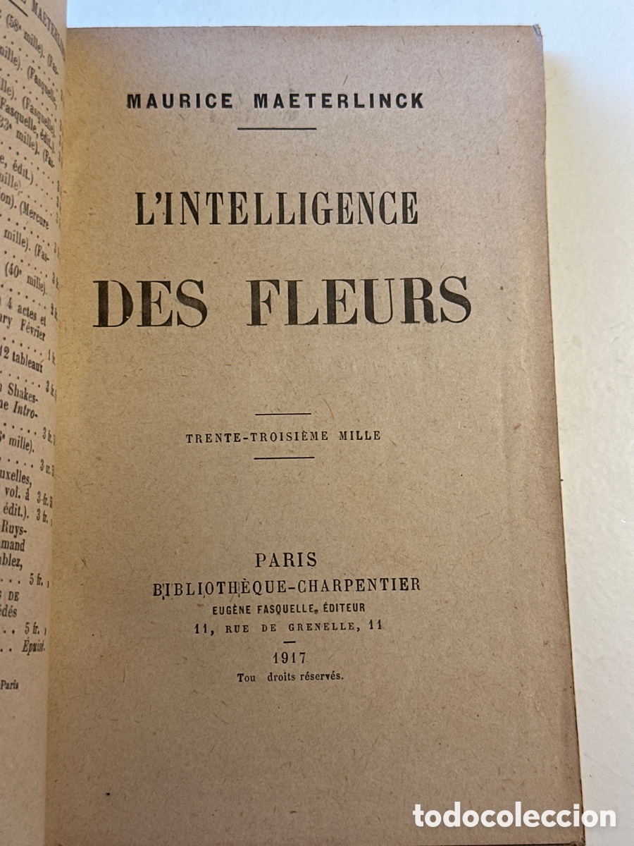 Libros antiguos: MAETERLINCK; &rdquo;LINTELLIGENCE DES FLEURS&rdquo;. 1917 - Foto 2