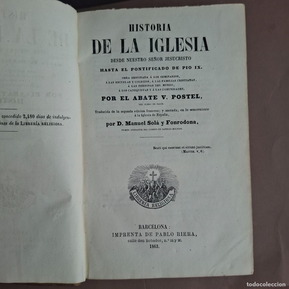Libros antiguos: Historia de la Iglesia - Abate V.Postel - 1863 - Foto 1