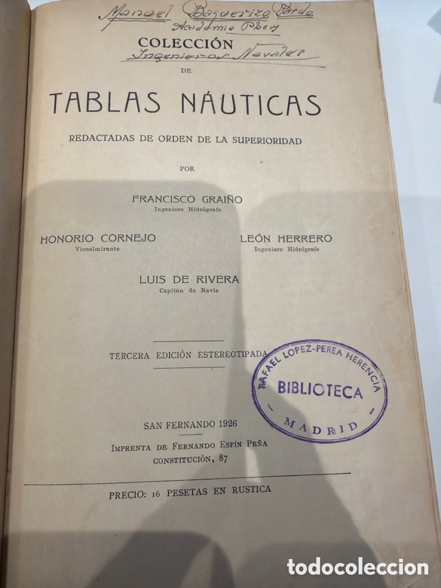 Libros antiguos: TABLAS N&Aacute;UTICAS - Francisco Grai&ntilde;o (1926) - Foto 3