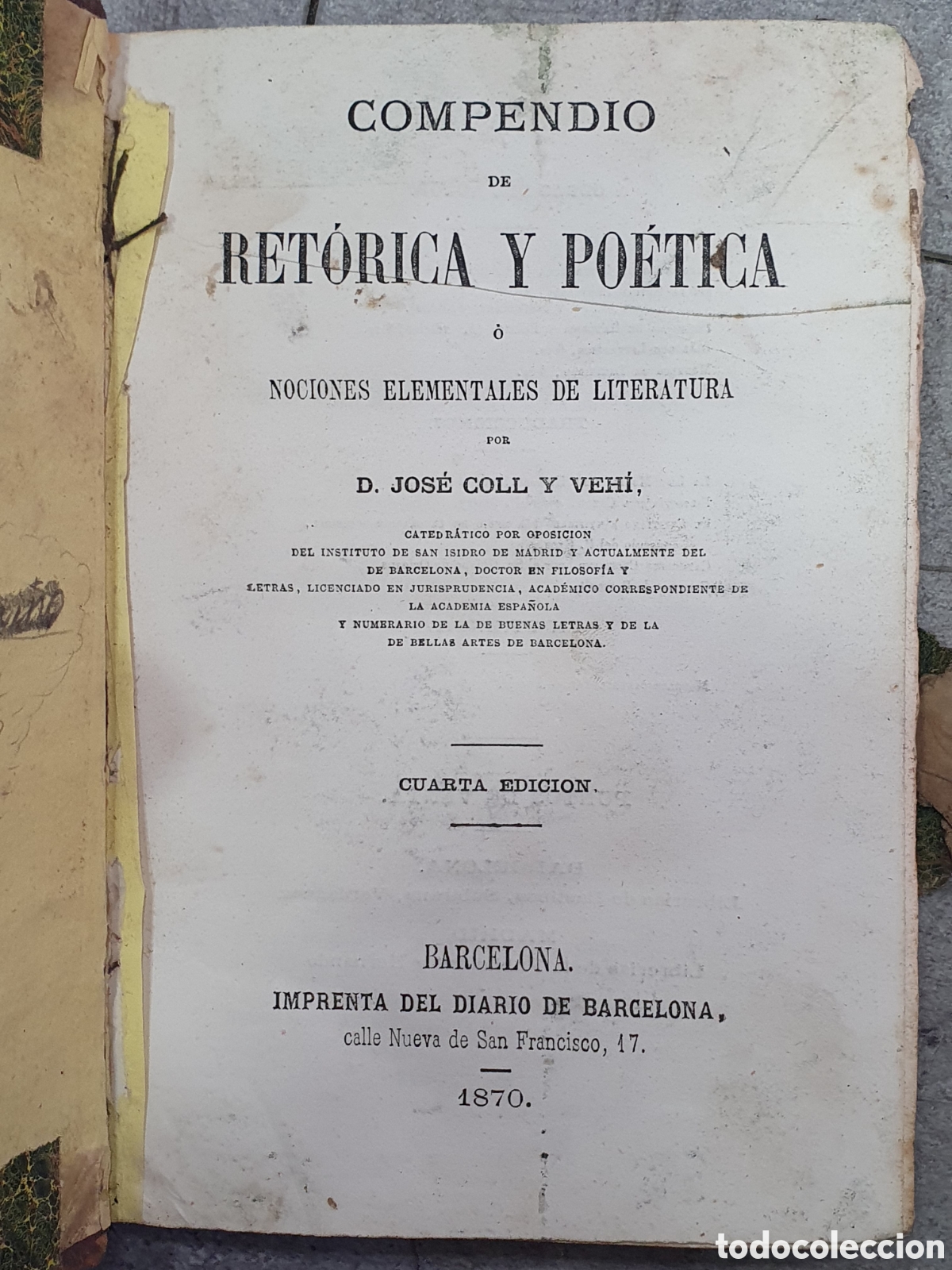 Libros antiguos: Compendio Ret&oacute;rica y Po&eacute;tica. 1870. Jos&eacute; Coll. (A) - Foto 1