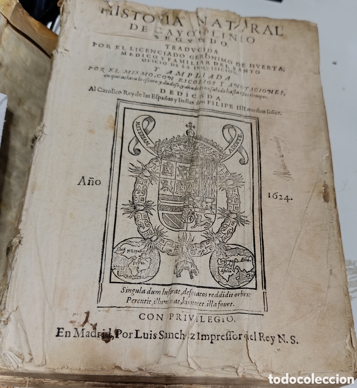 Libros antiguos: Historia natural de Cayo Plinio segundo, es el t&iacute;tulo. Fecha: 1624.