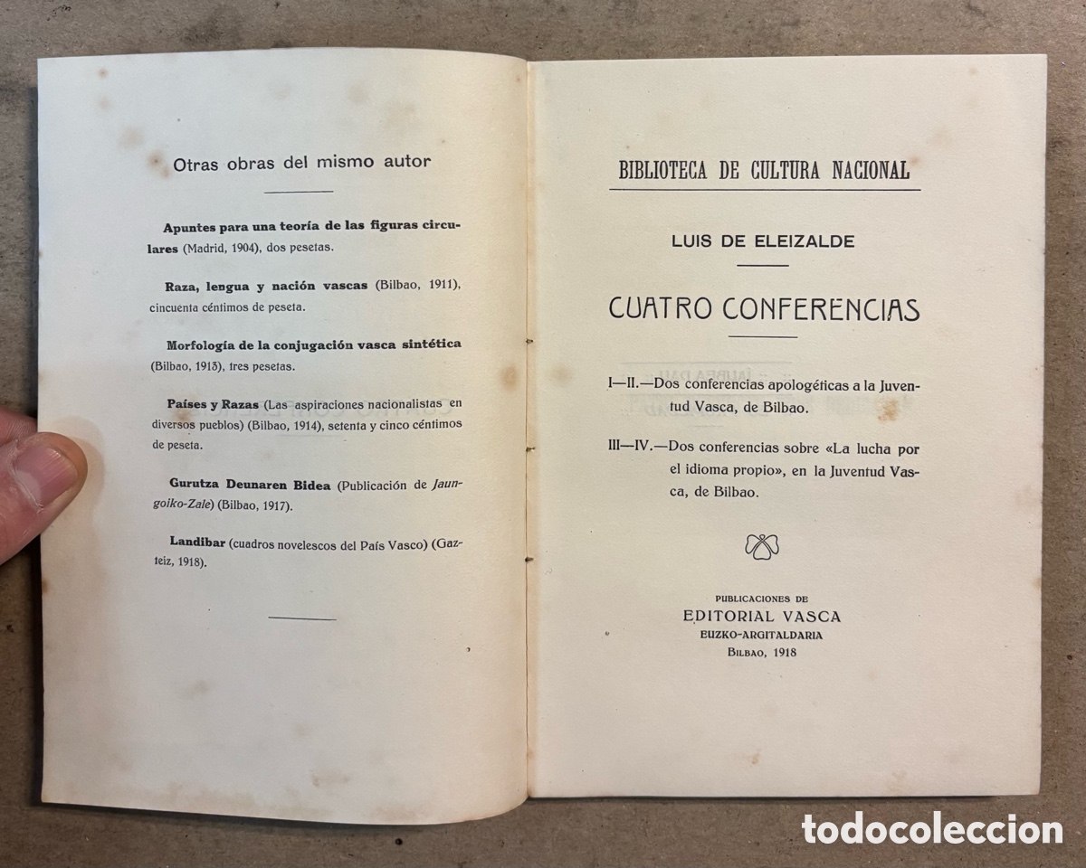 Libros antiguos: CUATRO CONFERENCIAS. LUIS DE ELEIZALDE. EDITORIAL VASCA 1919 - Foto 2