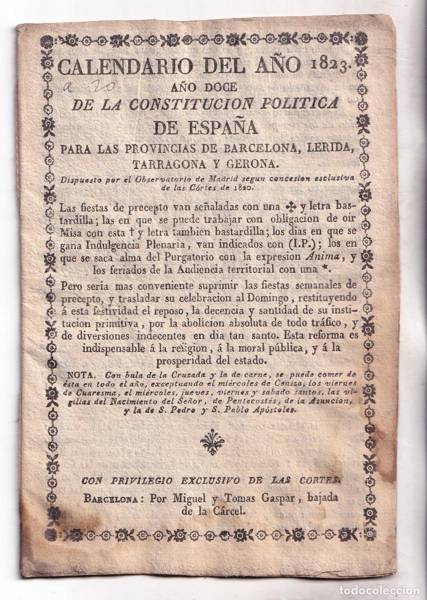 Libros antiguos: CALENDARIO DEL A&Ntilde;O 1823. A&Ntilde;O DOCE DE LA CONSTITUCI&Oacute;N, PARA BARCELONA, L&Eacute;RIDA, TARRAGONA Y GERONA