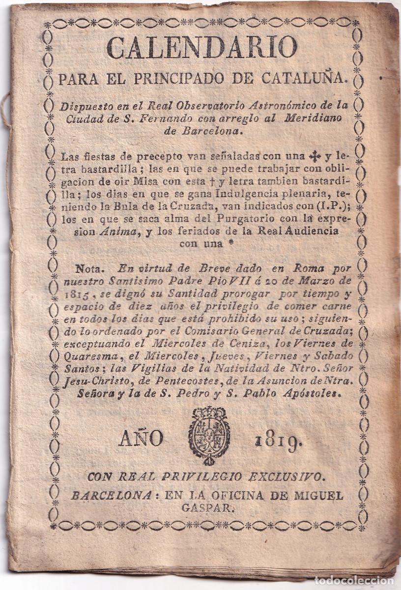 Libros antiguos: CALENDARIO PARA EL PRINCIPADO DE CATALU&Ntilde;A. A&Ntilde;O 1819