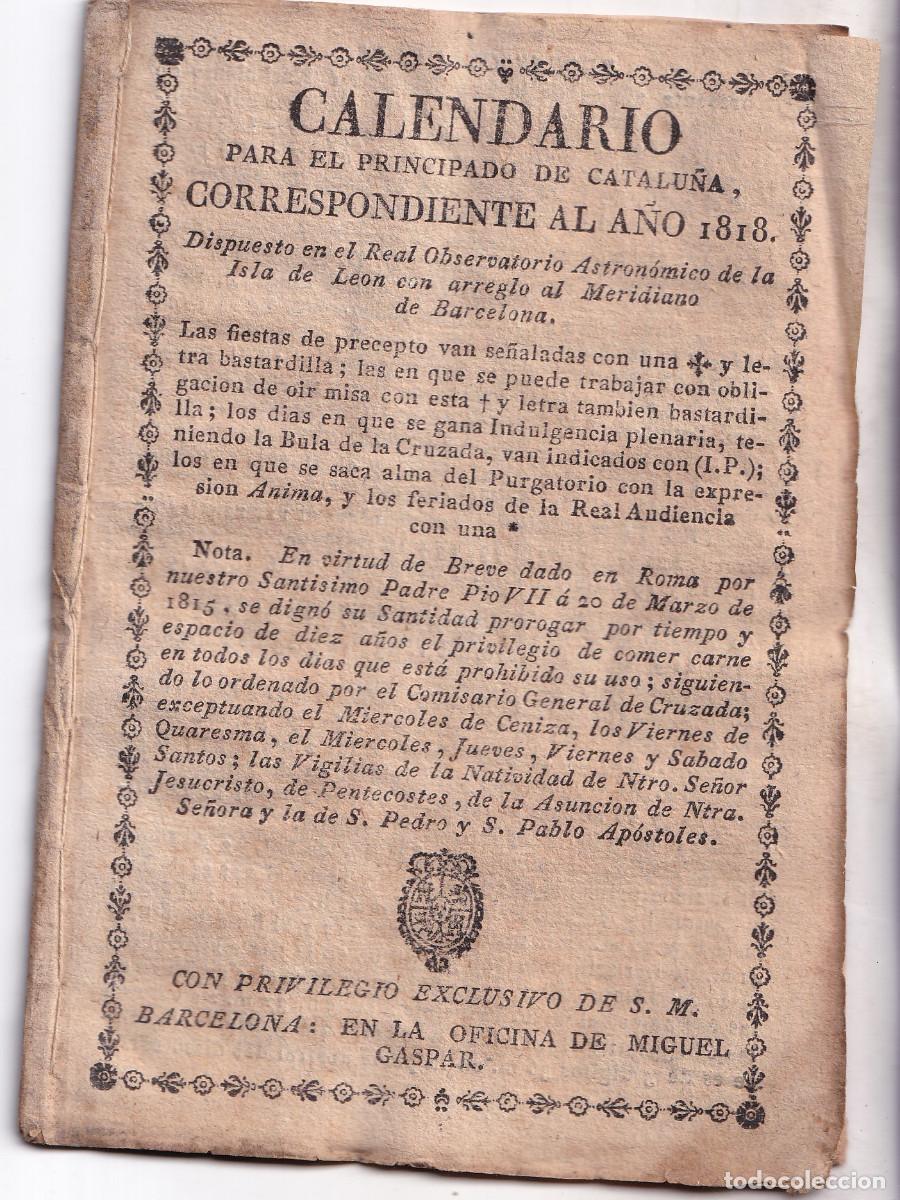 Libros antiguos: CALENDARIO PARA EL PRINCIPADO DE CATALU&Ntilde;A CORRESPONDIENTE AL A&Ntilde;O 1818
