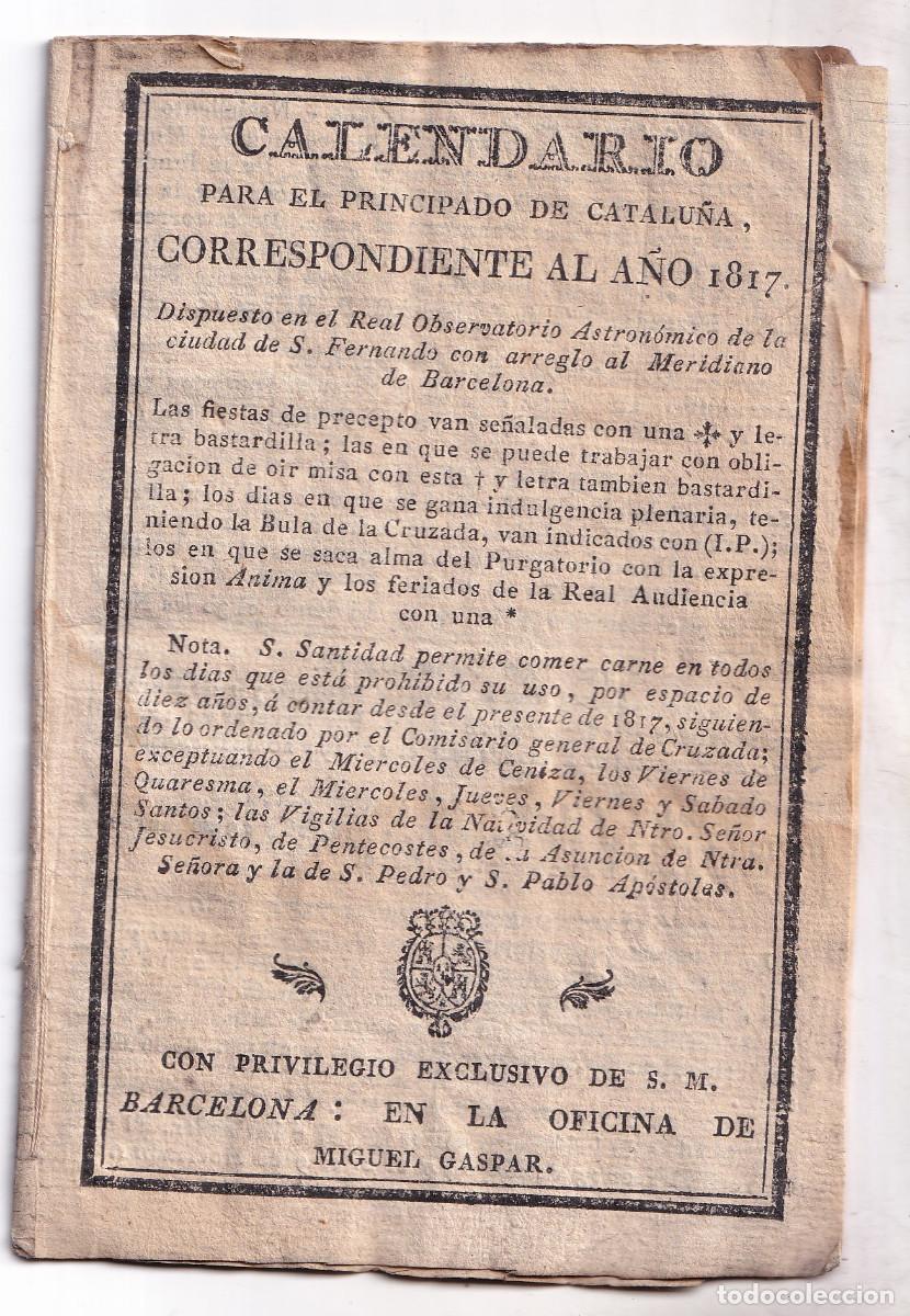Libros antiguos: CALENDARIO PARA EL PRINCIPADO DE CATALU&Ntilde;A CORRESPONDIENTE AL A&Ntilde;O 1817