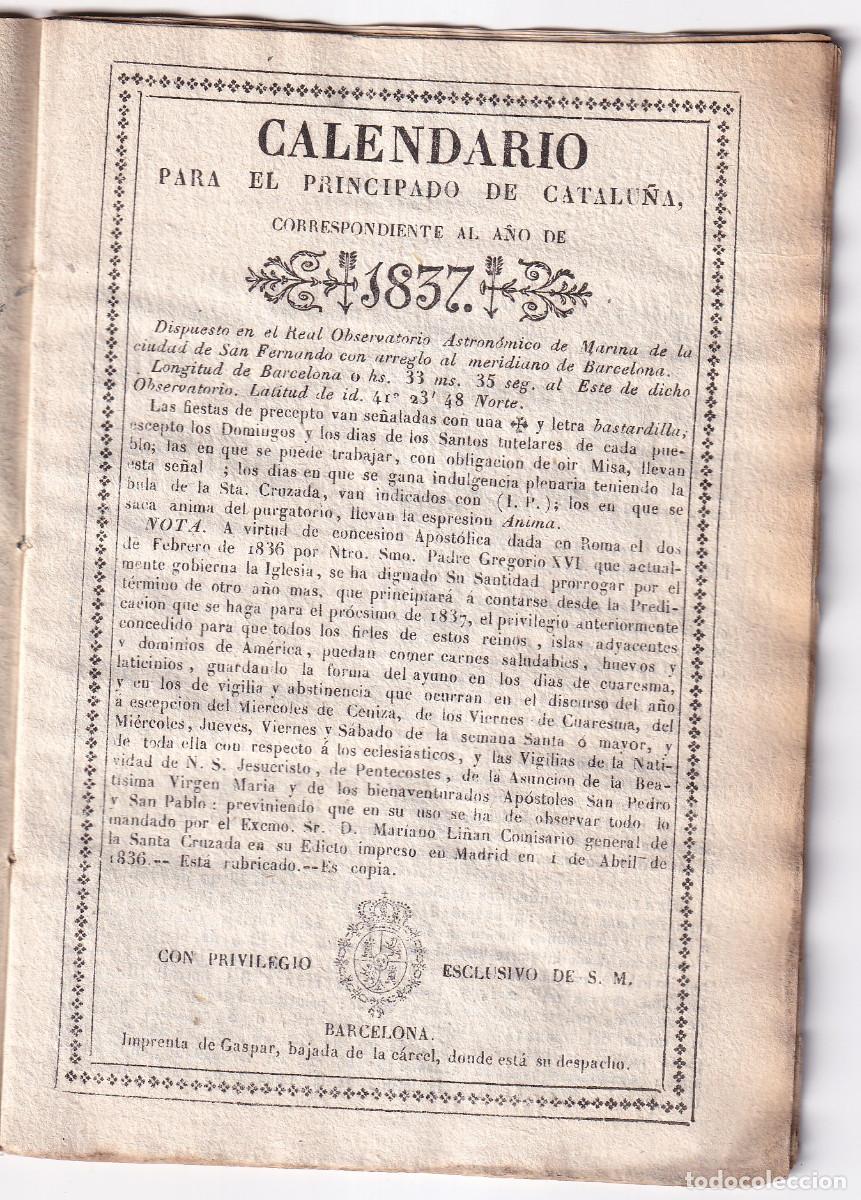 Libros antiguos: CALENDARIO PARA EL PRINCIPADO DE CATALU&Ntilde;A PARA EL A&Ntilde;O DE 1837