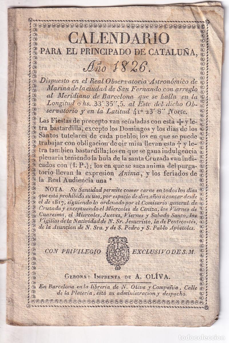 Libros antiguos: CALENDARIO PARA EL PRINCIPADO DE CATALU&Ntilde;A, A&Ntilde;O DE 1826