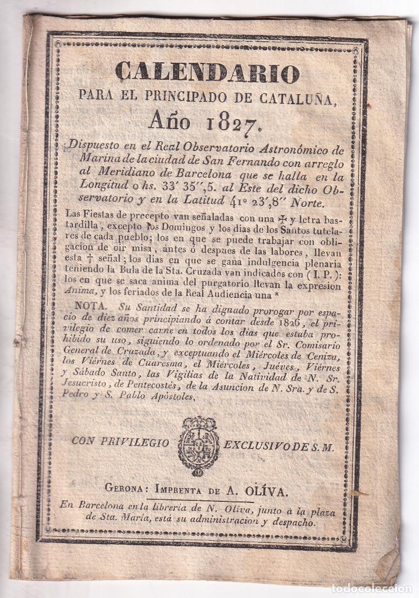 Libros antiguos: CALENDARIO PARA EL PRINCIPADO DE CATALU&Ntilde;A, A&Ntilde;O 1827