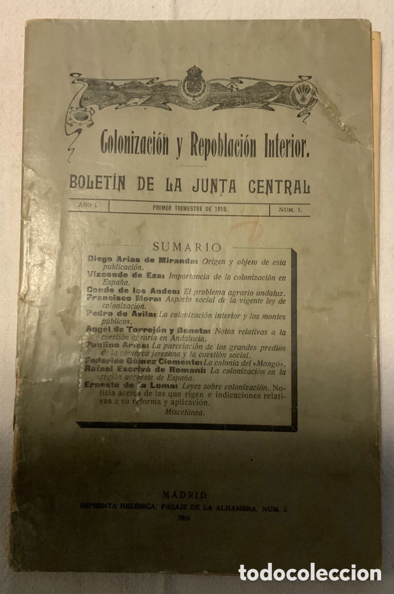 Libros antiguos: Colonizaci&oacute;n y repoblaci&oacute;n interior. Bolet&iacute;n de la Junta Central. A&ntilde;o 1
