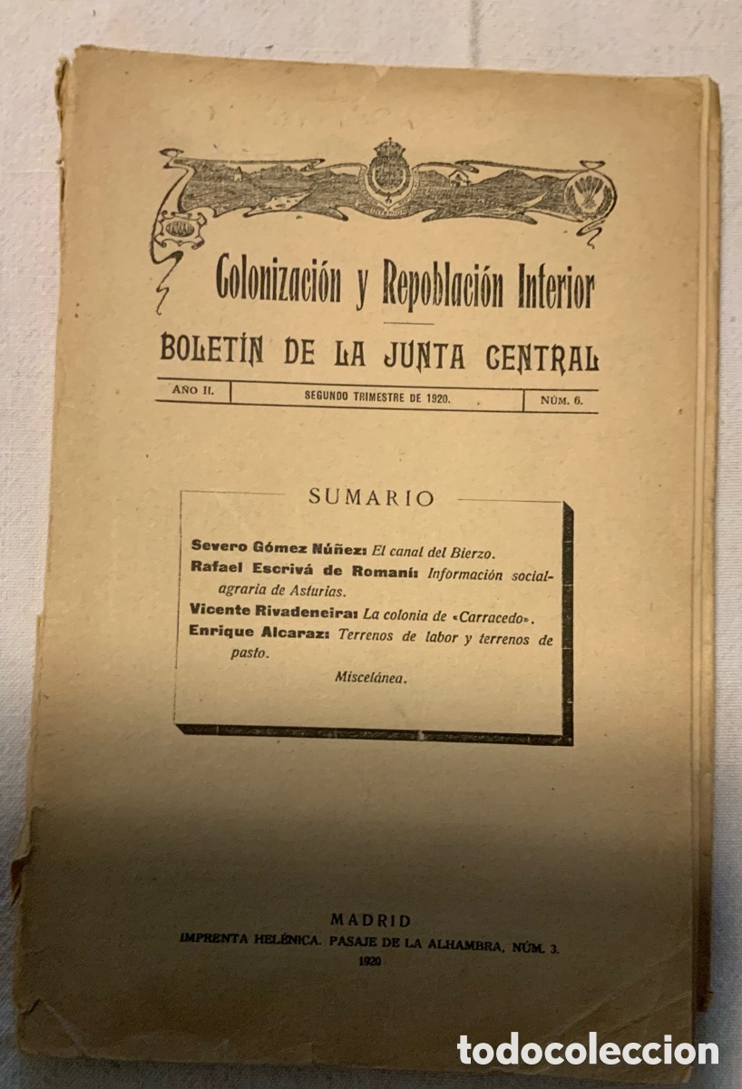 Libros antiguos: Colonizaci&oacute;n y repoblaci&oacute;n interior. Bolet&iacute;n de la Junta Central. A&ntilde;o II