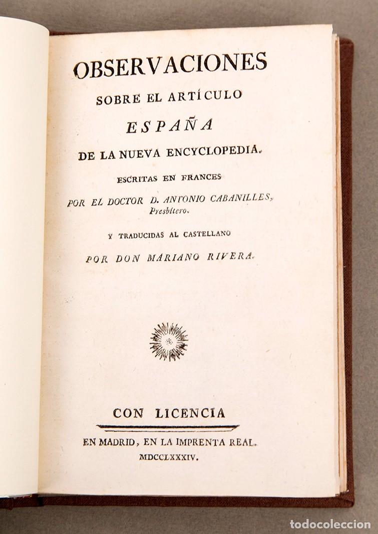 Libros antiguos: OBSERVACIONES OSBRE EL ARTICULO ESPA&Ntilde;A EN LA NUEVA ENCYCLOPEDIA - 1784 - MARINO RIVERA