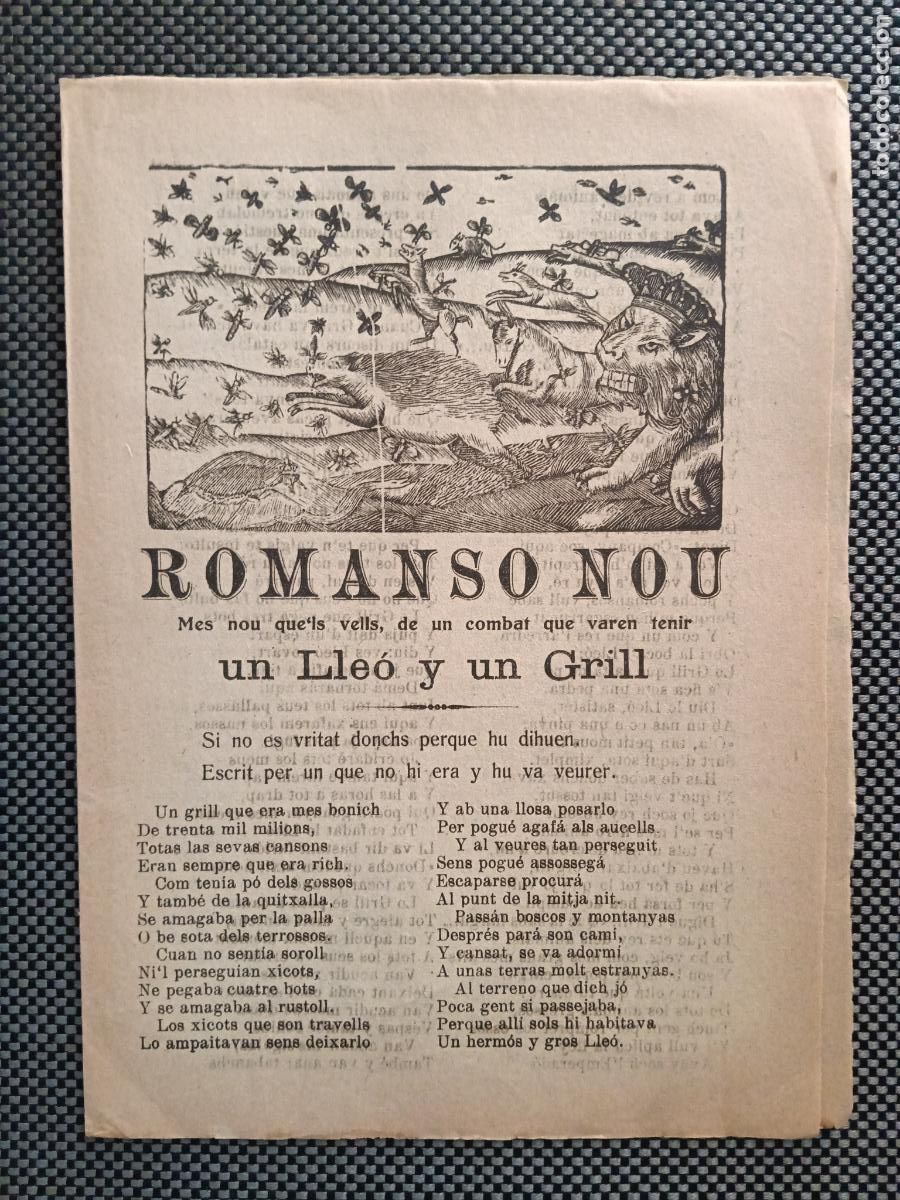 Libros antiguos: Romanso nou. Un Lle&oacute; y un grill. (lit. de canya i cordill)