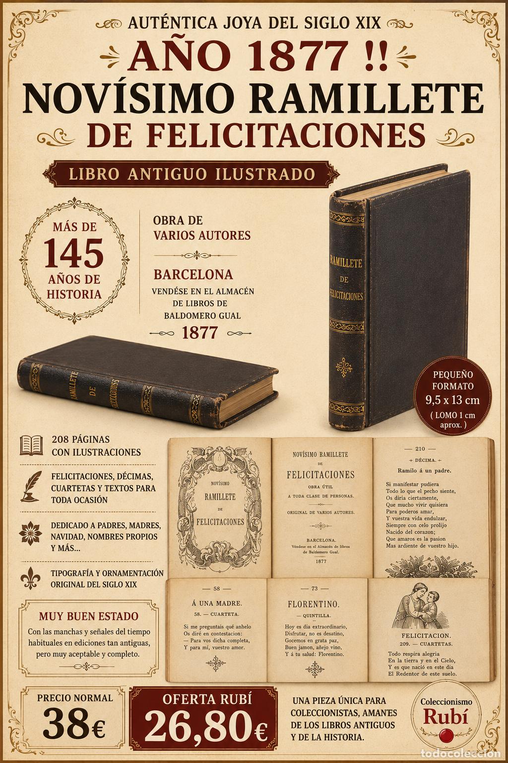 Libros antiguos: A&Ntilde;O 1877 !! NOV&Iacute;SIMO RAMILLETE DE FELICITACIONES / LIBRO ANTIGUO ILUSTRADO / BARCELONA