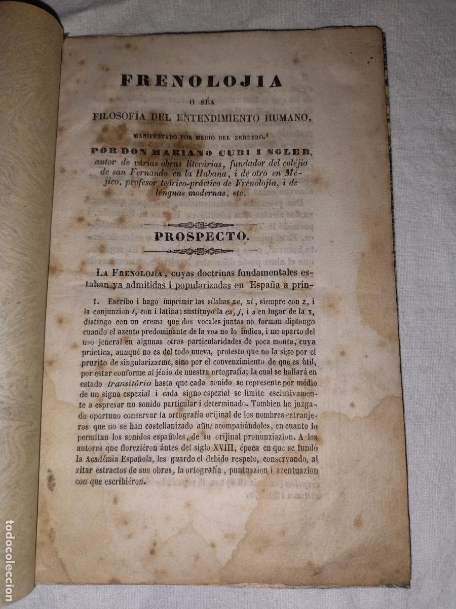 Libros antiguos: FRENOLOJIA&bull;PROSPECTO - A&Ntilde;O 1840 - M.CUBI I SOLER - MUY RARO