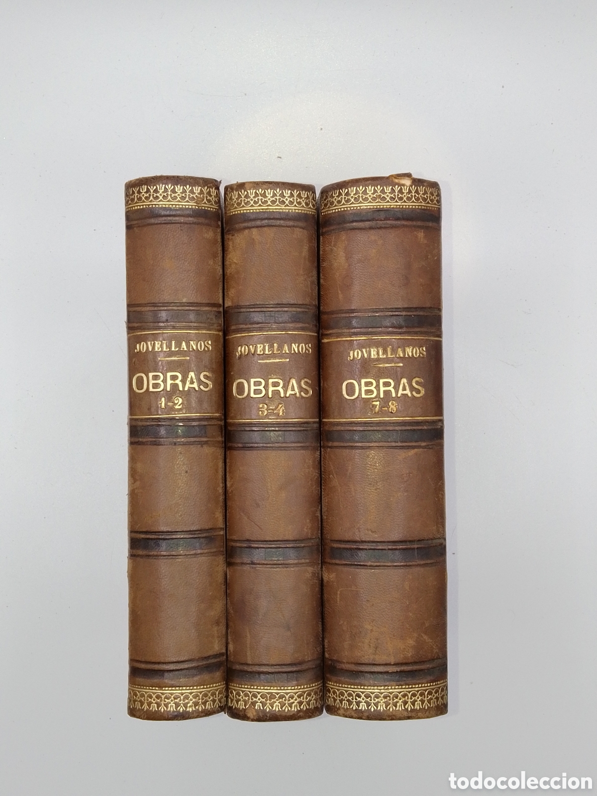 Libros antiguos: Obras de Jovellanos (1865) - 3 Vol&uacute;menes Dobles (Tomos 1-2, 3-4, 7-8) - Encuadernaci&oacute;n Piel