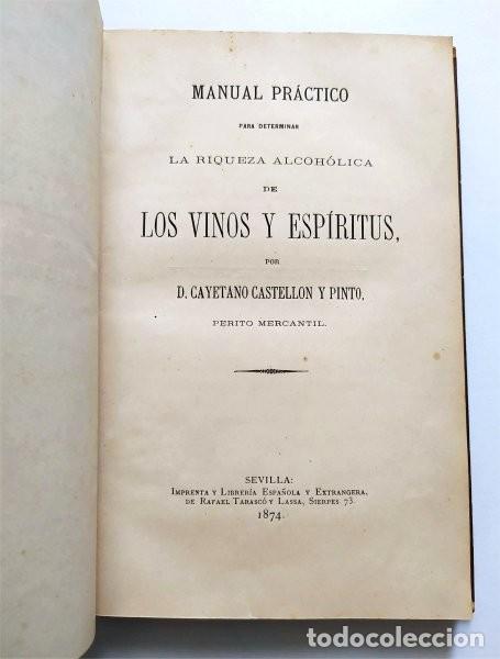 Libros antiguos: Manual pr&aacute;ctico para determinar la riqueza alcoh&oacute;lica de vinos y esp&iacute;ritus. Sevilla, 1874