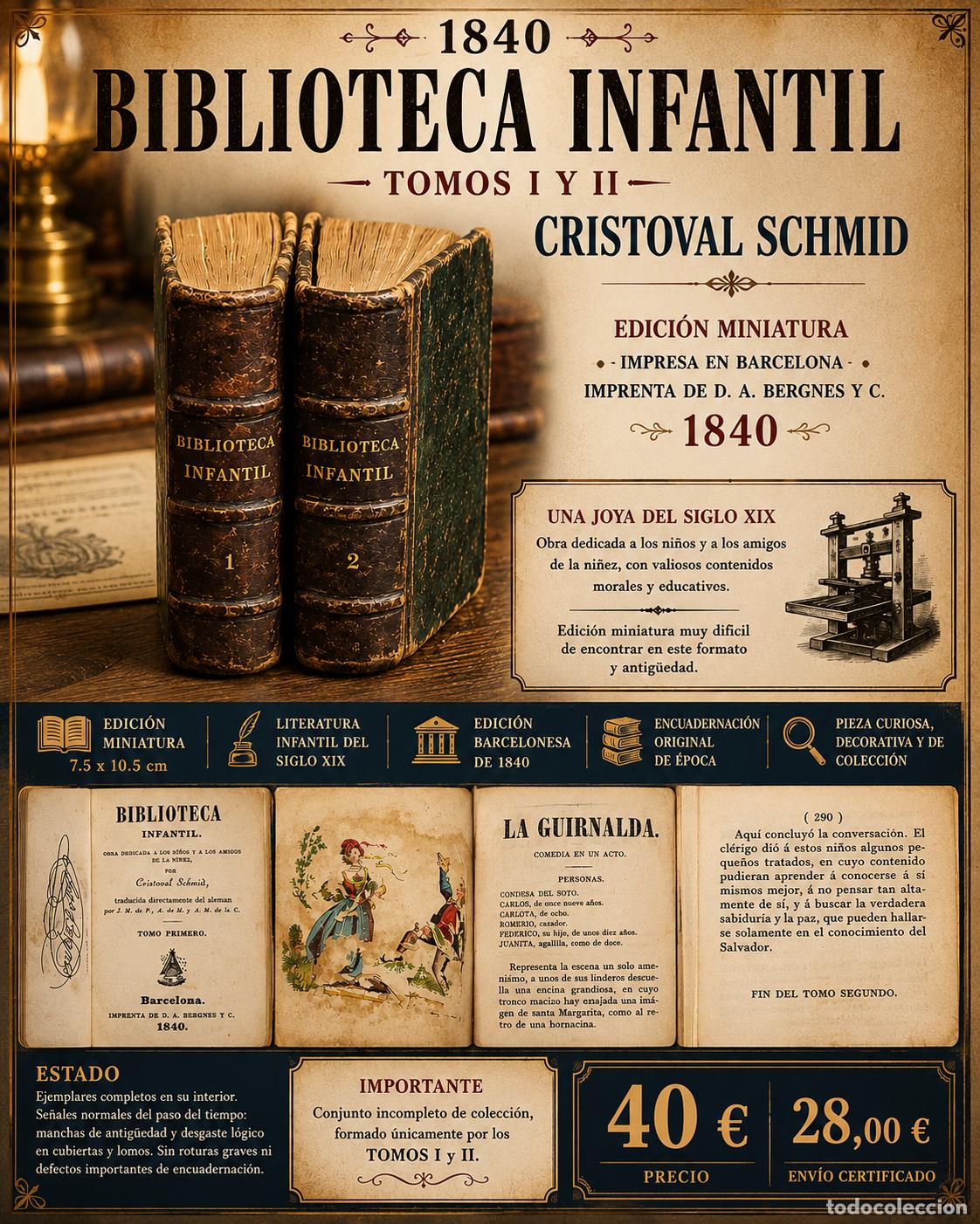 Libros antiguos: BIBLIOTECA INFANTIL | CRISTOVAL SCHMID | TOMOS I Y II | 1840 | MINIATURA