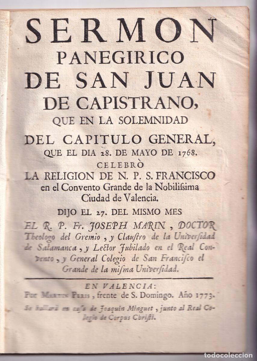 Libros antiguos: FR. JOS&Eacute; MAR&Iacute;N: SERM&Oacute;N DE SAN JUAN DE CAPISTRANO EN EL CONVENTO DE SAN FRANCISCO DE VALENCIA. 1773