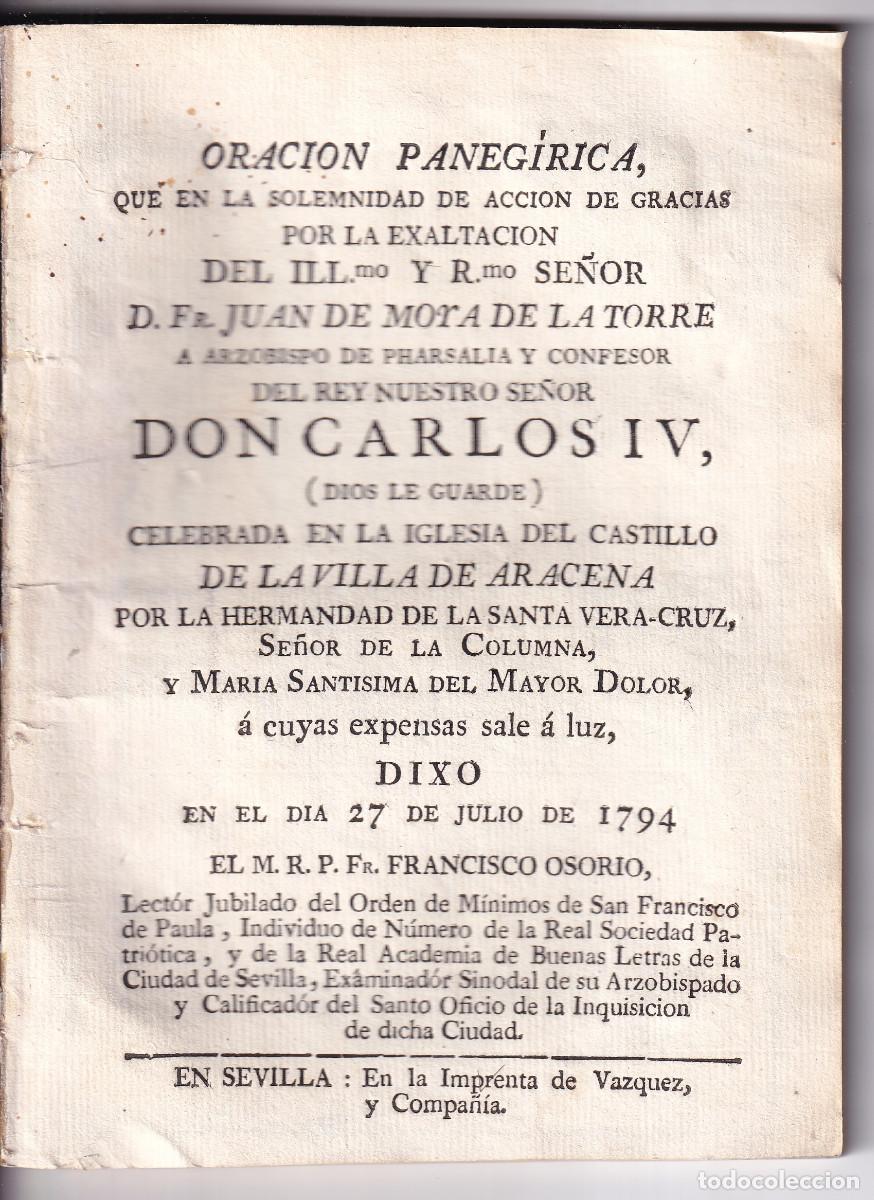 Libros antiguos: FCO. OSORIO: ACCI&Oacute;N DE GRACIAS EN EL CASTILLO DE ARACENA POR JUAN DE MOYA DE LA TORRE. SEVILLA, 1794