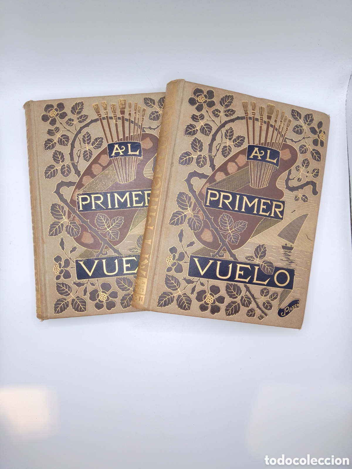 Libros antiguos: AL PRIMER VUELO - J. M. Pereda. 1891 (1&ordf; Ed.). 2 Tomos. Espectacular encuadernaci&oacute;n