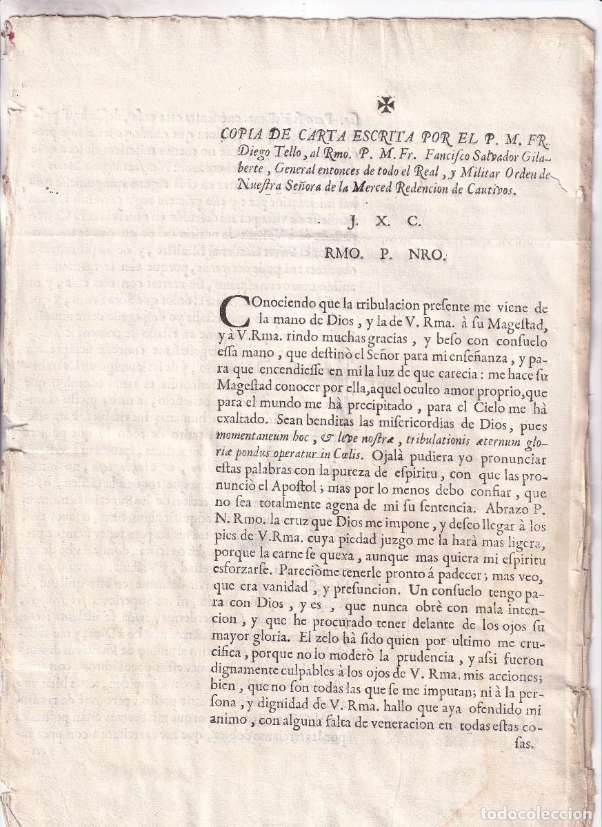 Libros antiguos: CARTA DE DISCULPA DE DIEGO TELLO, ORDEN DE LA MERCED AL GENERAL 1738. M&Aacute;LAGA. INMACULADA CONCEPCI&Oacute;N