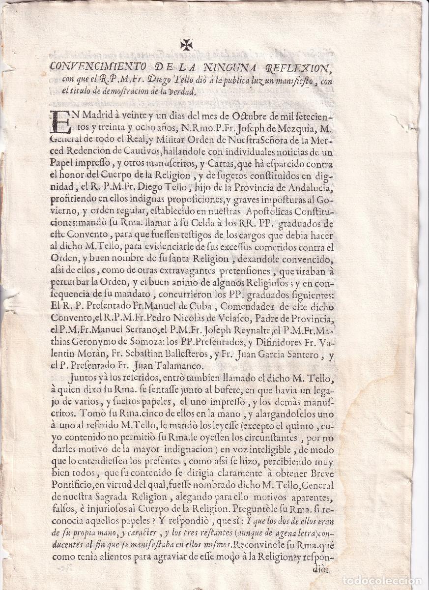 Libros antiguos: INTERROGATORIO DEL GENERAL DE LA ORDEN DE LA MERCED A DIEGO TELLO. 1738. INMACULADA CONCEPCI&Oacute;N