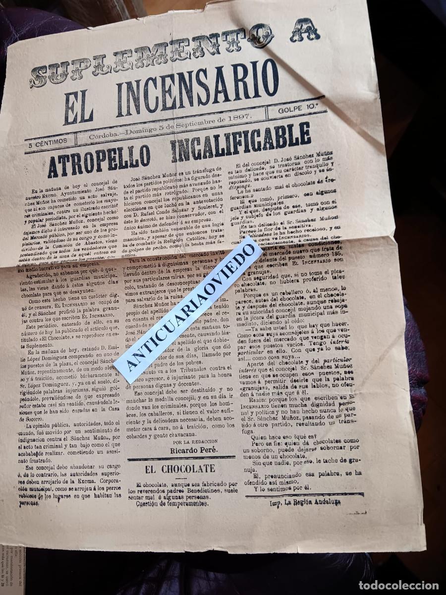 Libros antiguos: SUPLEMENTO A EL INCENSARIO. C&Oacute;RDOBA, 1897. UN CONCEJAL AGREDE A UN PERIODISTA