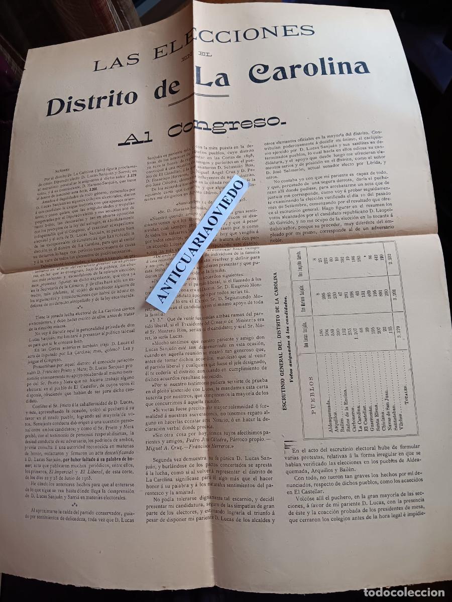 Libros antiguos: MARIANO SANJUAN MORENO: LAS ELECCIONES AL CONGRESO EN LA CAROLINA, JA&Eacute;N. 1905