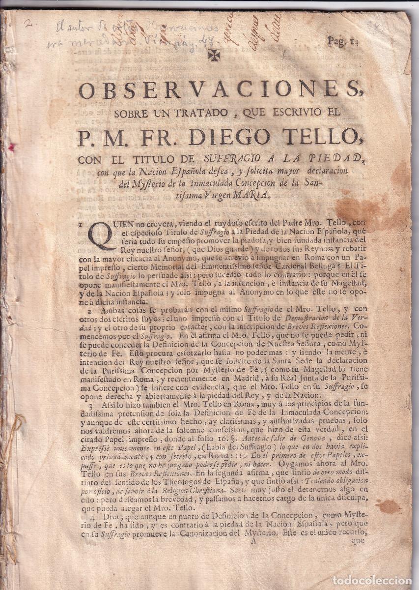 Libros antiguos: OBSERVACIONES AL TRATADO DE DIEGO TELLO SUFRAGIO A LA VERDAD, SOBRE LA INMACULADA CONCEPCI&Oacute;N