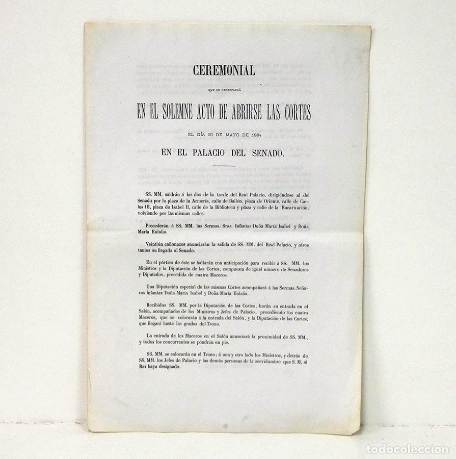 Libros antiguos: CEREMONIAL que se observar&aacute; en el solemne acto de abrirse las Cortes el d&iacute;a 20 de mayo de 1884 en el