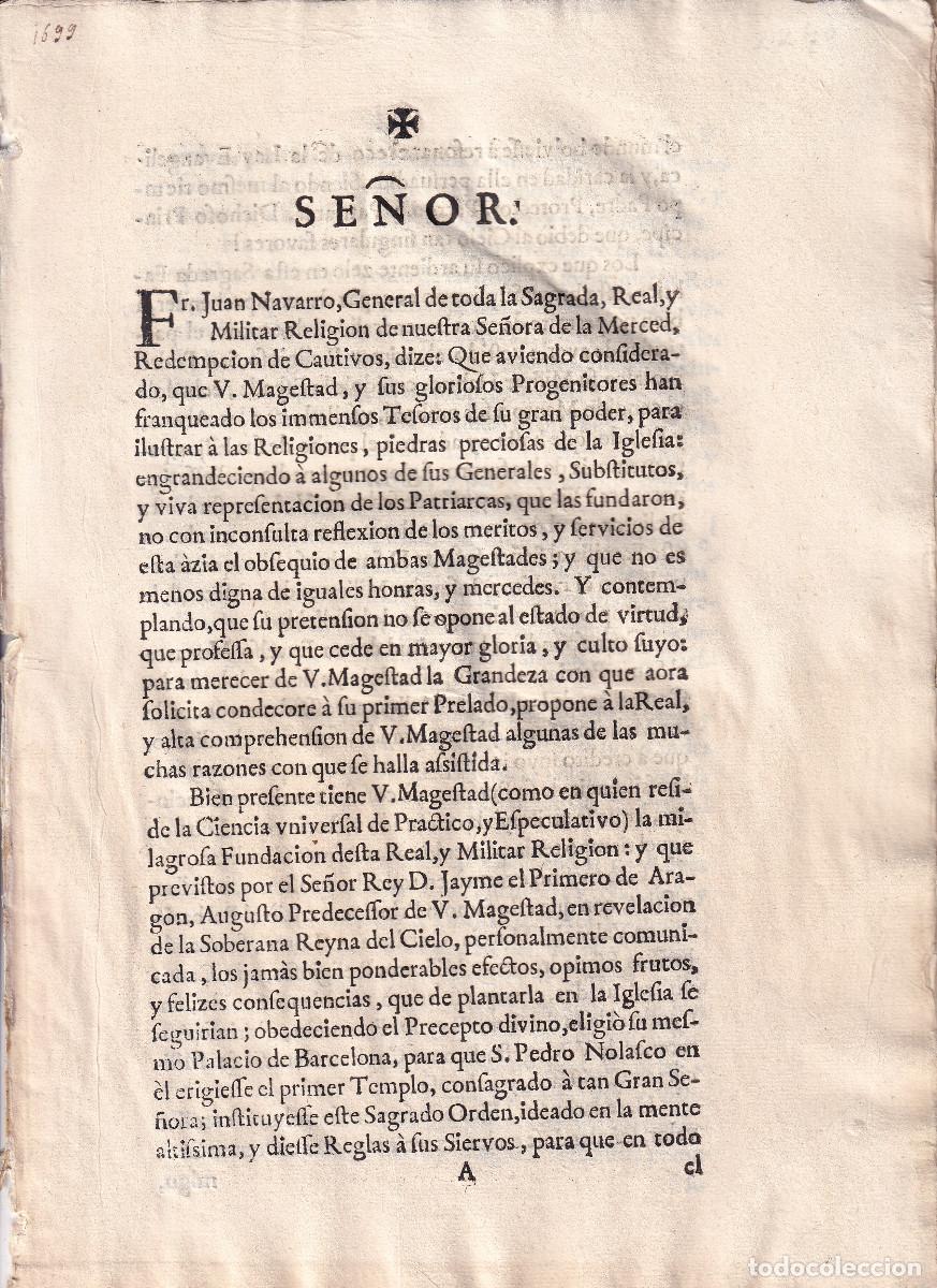 Libros antiguos: ORDEN DE LA MERCED DE REDENCI&Oacute;N DE CAUTIVOS. 1699. MERCED DE LA GRANDEZA POR EL REY
