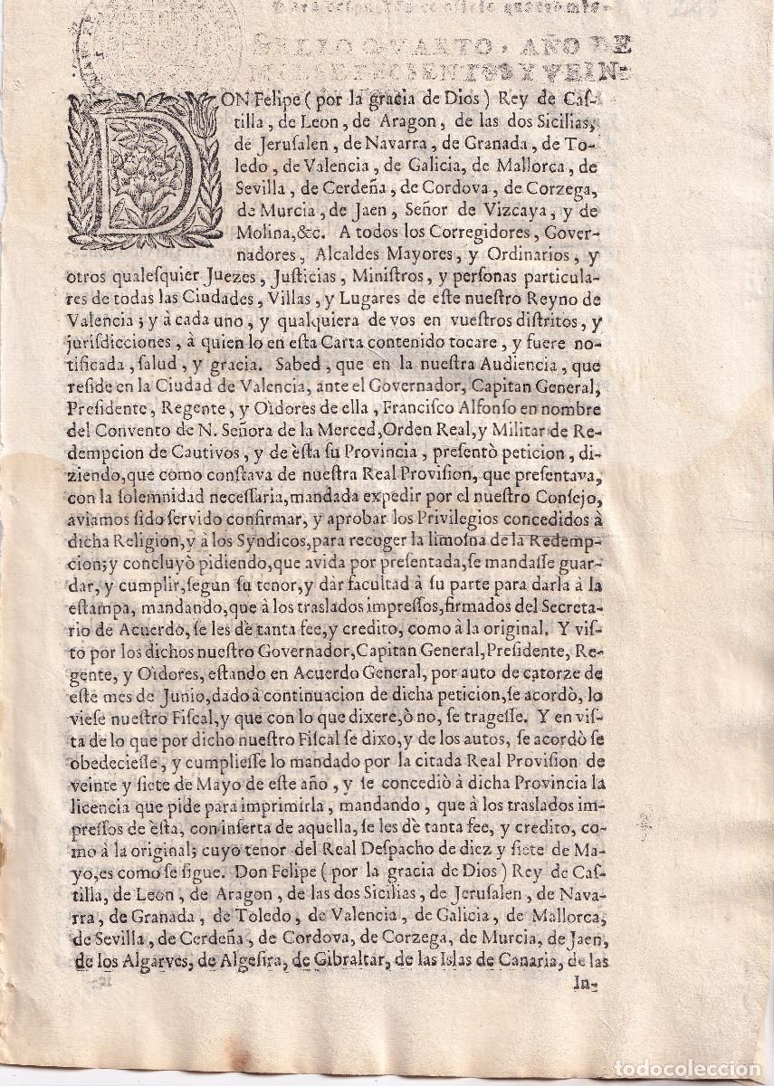 Libros antiguos: ORDEN DE LA MERCED DE REDENCI&Oacute;N DE CAUTIVOS. VALENCIA, 1725. PERMISO PARA PEDIR LIMOSNAS