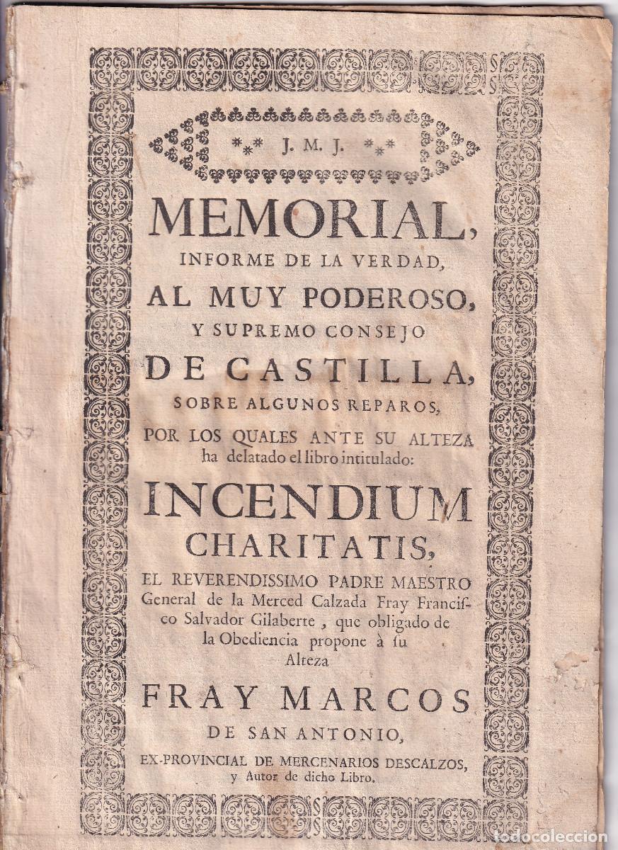 Libros antiguos: FR. MARCOS DE SAN ANTONIO. MEMORIAL. S. XVIII. ORDEN DE LA MERCED DE REDENCI&Oacute;N DE CAUTIVOS