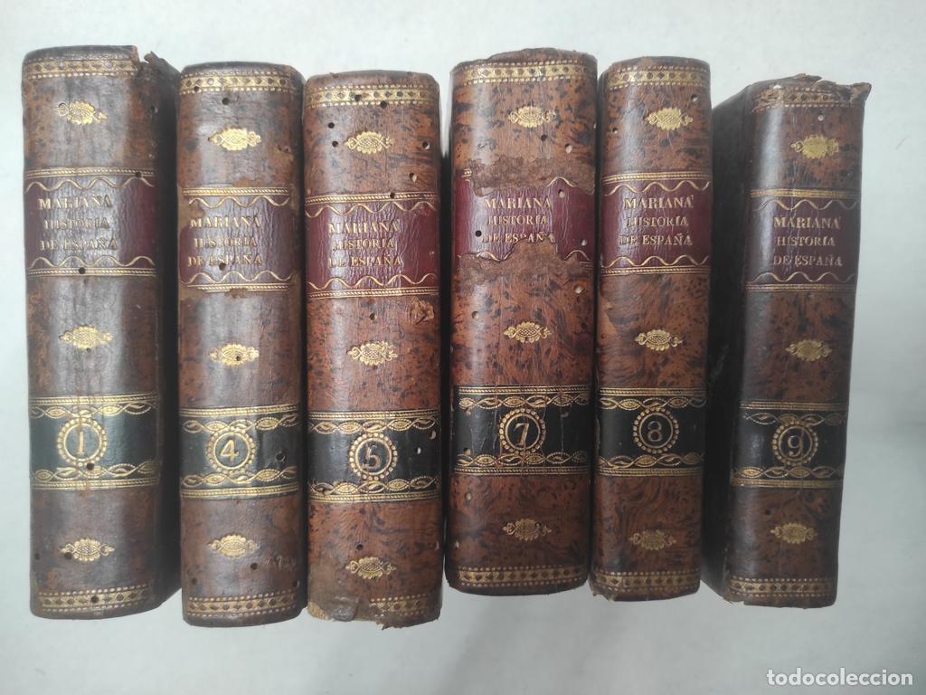 Libros antiguos: padre MARIANA, HISTORIA DE ESPA&Ntilde;A 1828 Madrid, tomos 1 4 5 7 8 9 ,tienen perforaciones de polilla
