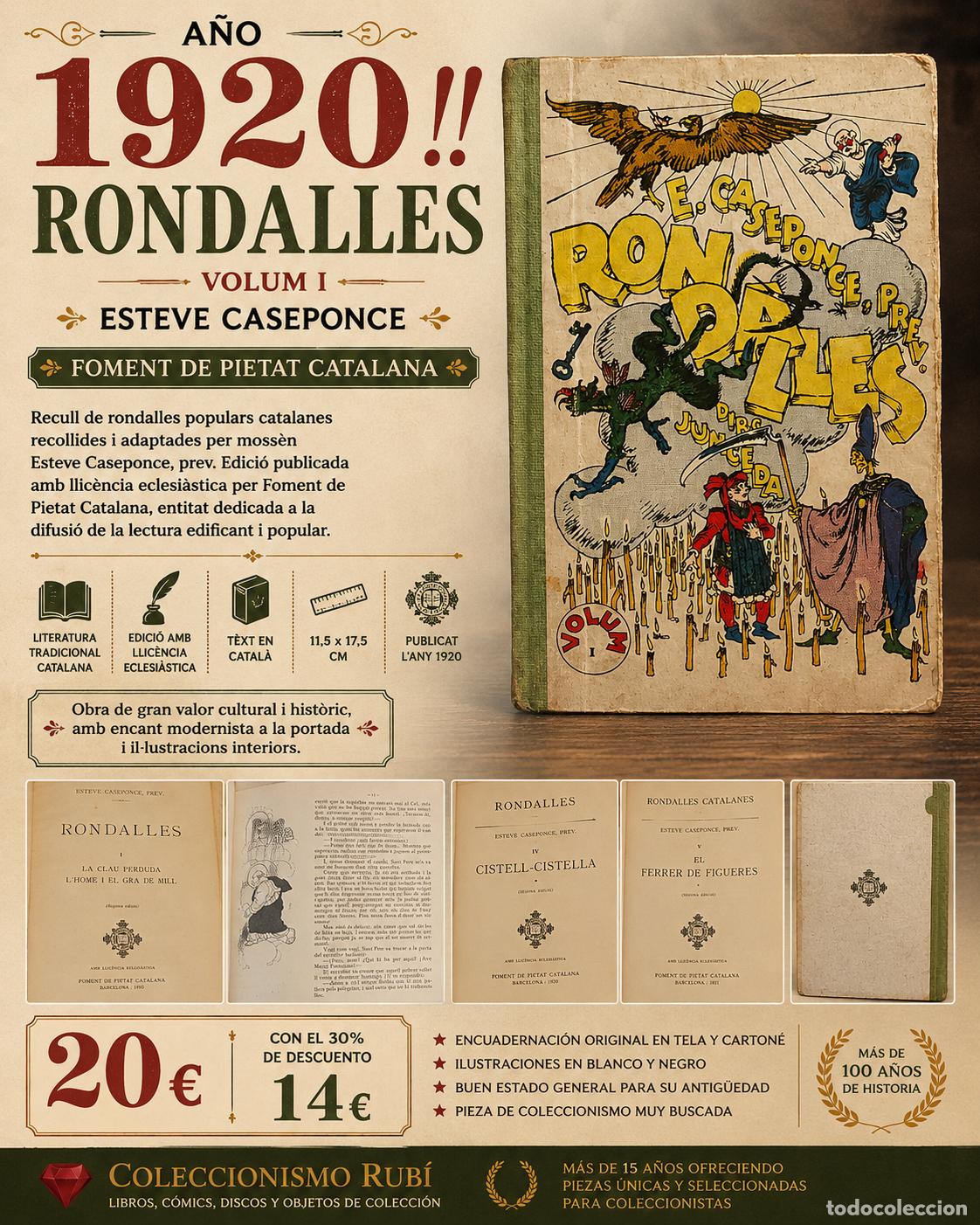 Libros antiguos: A&Ntilde;O 1920 !! RONDALLES | VOL. I | ESTEVE CASEPONCE | FOMENT DE PIETAT CATALANA