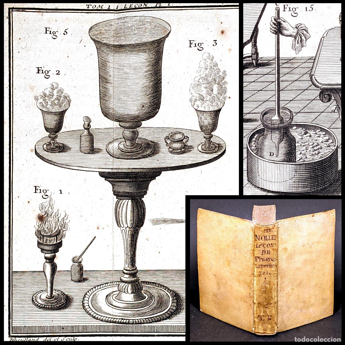 Old books: A&ntilde;o 1749 Experimentos Laboratorio de f&iacute;sica experimental del cient&iacute;fico Nollet Grabados Pergamino
