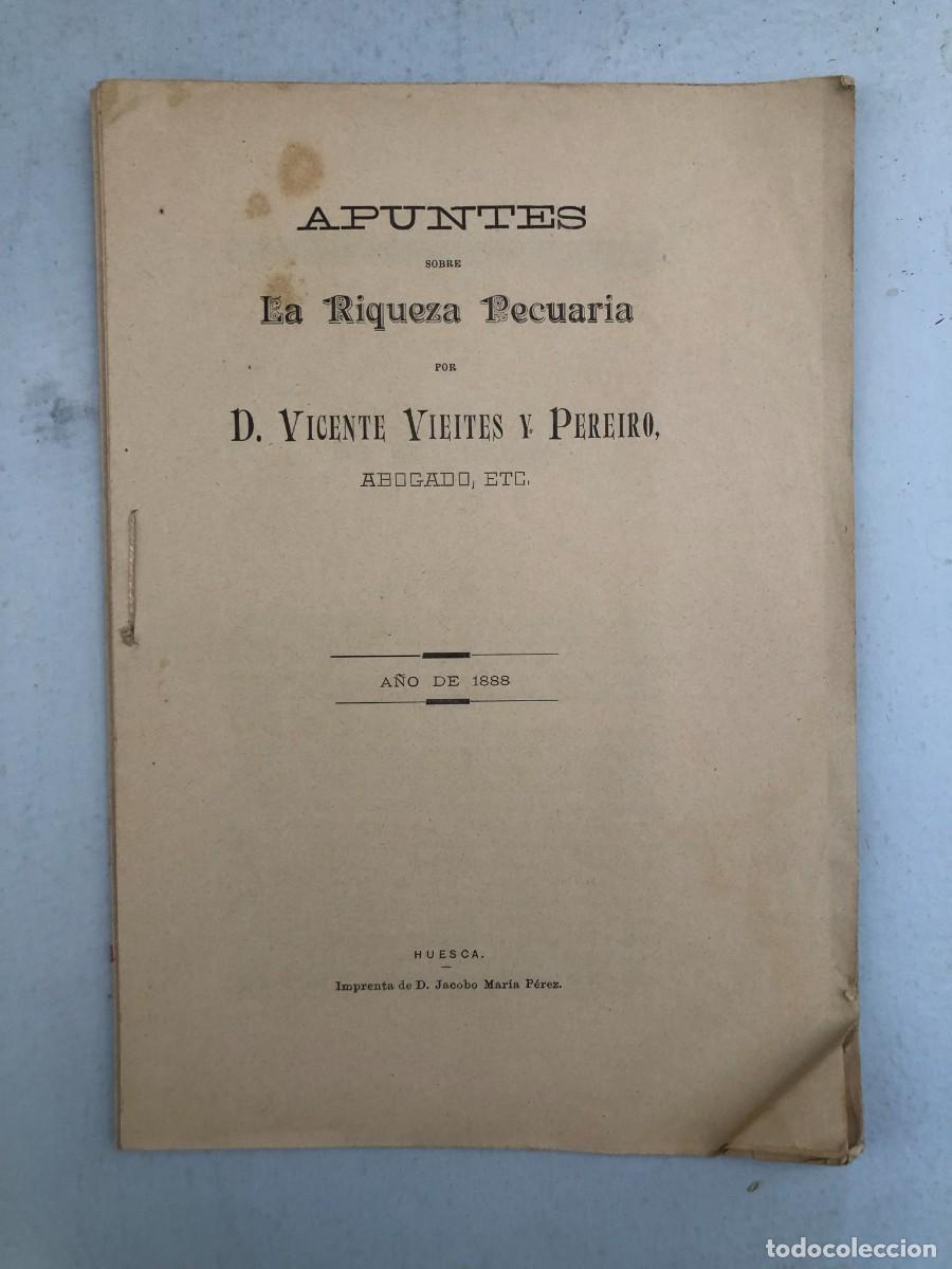 Libros antiguos: V. VIEITES Y PEREIRO, APUNTES SOBRE LA RIQUEZA PECUARIA, HUESCA, 1888