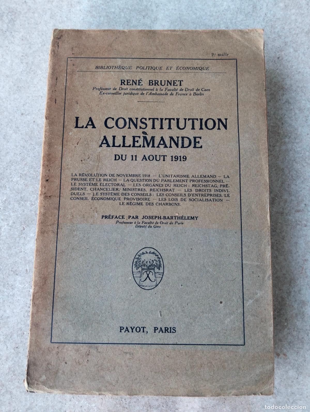 Antiquarische B&uuml;cher: La constitution allemande du 11 aout 1919 payot paris Ren&eacute; Brunet