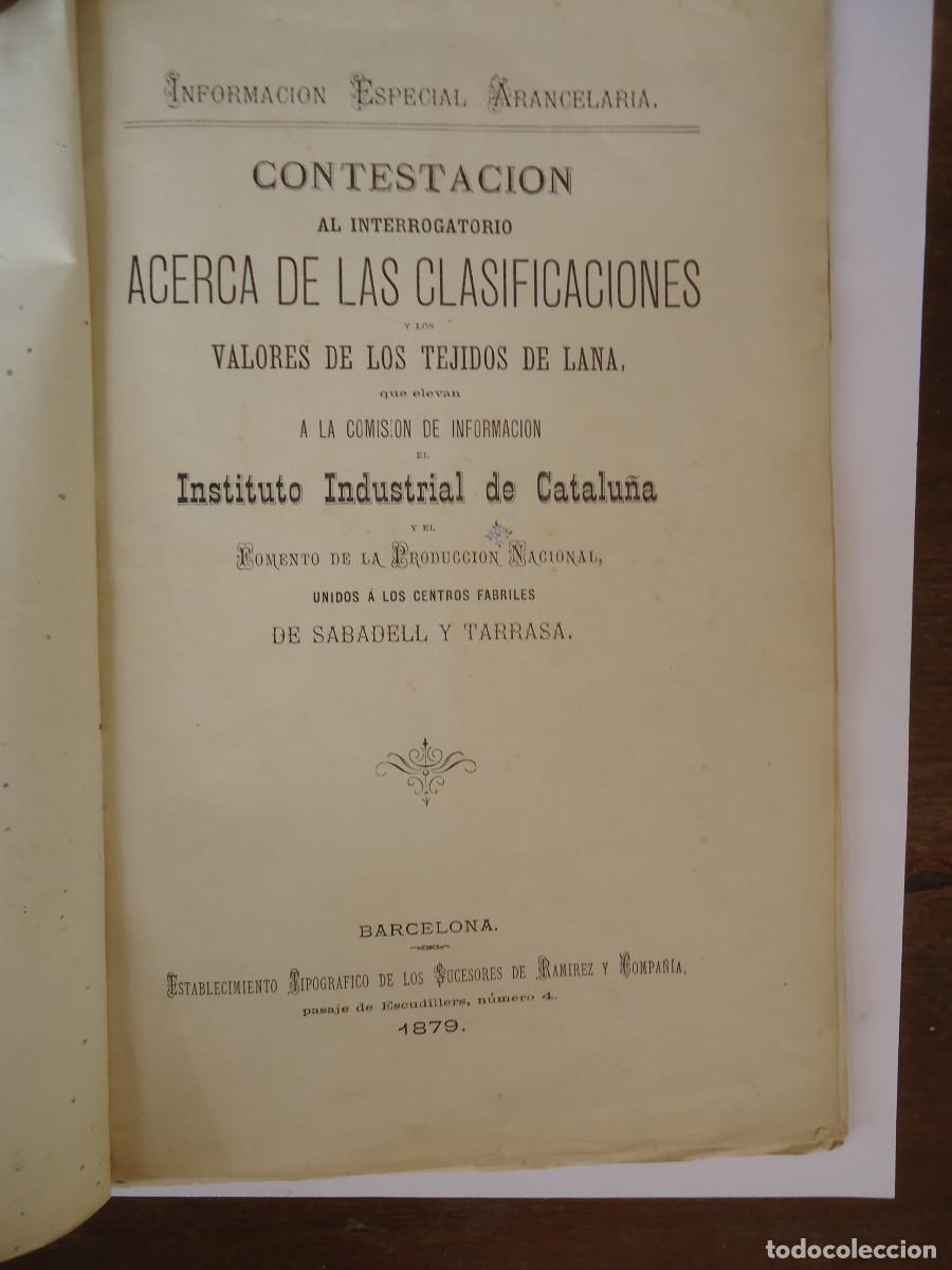 Libros antiguos: Contestaci&oacute;n clasificaciones valores tejidos lana. Instituto Industrial Catalu&ntilde;a. Sabadell Tarrasa