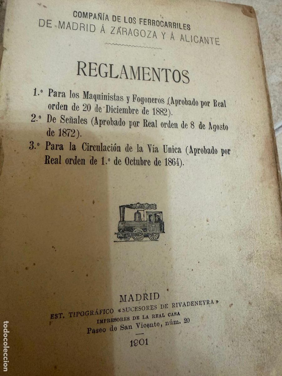 Libros antiguos: Libro reglamento maquinistas y fogoneros 1901