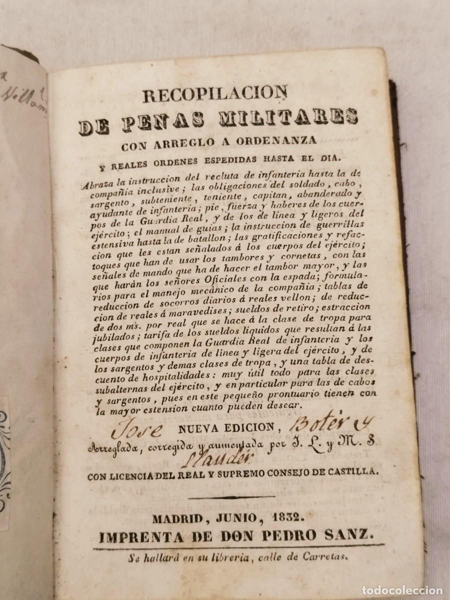 Libros antiguos: Recopilaci&oacute;n de penas militares. Imprenta Don Pedro Sanz. Madrid, 1832.