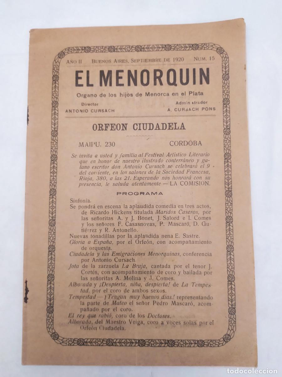 Libros antiguos: El Menorqu&iacute;n. Organo de los hijos de Menorca en el Plata. Buenos Aires, 1920. a&ntilde;o II. N&ordm;15