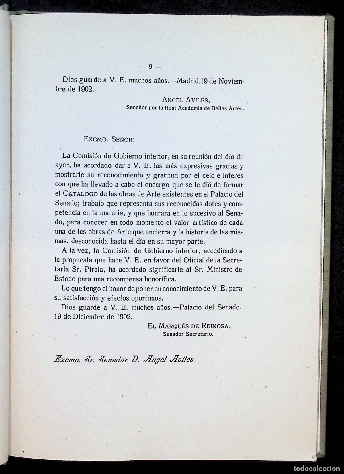 Libros antiguos: CAT&Aacute;LOGO DE LAS OBRAS DE ARTE EXISTENTES EN EL PALACIO DEL SENADO. - Foto 2