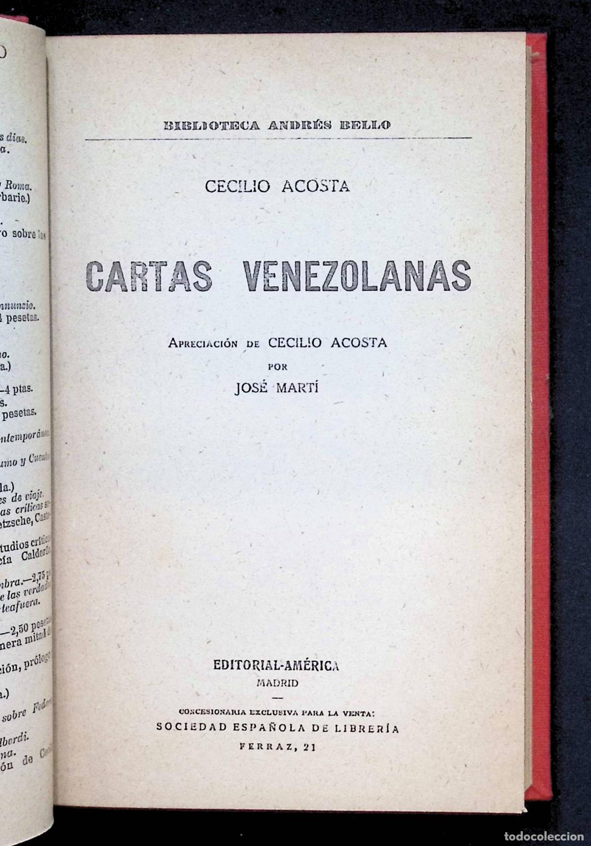 Libros antiguos: CARTAS VENEZOLANAS. - ACOSTA, Cecilio. - Foto 2